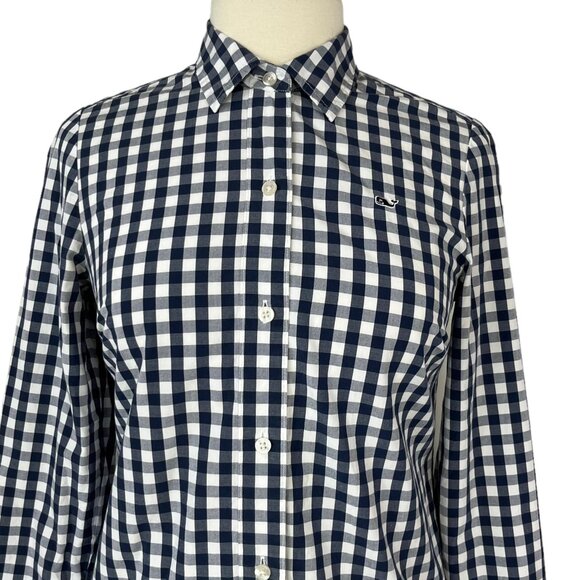 Vineyard Vines Button Front Shirt Blouse Womens Size 2 Blue White Checked - Picture 3 of 8